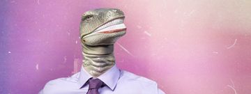 Ein Dinosaurier mit Krawatte und Anzug auf knallbuntem Hintergrund.